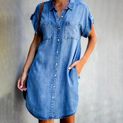 Independent station, Amazon 2024 cross-border new product, European and American lapel short-sleeved slim-fit dress, denim shirt skirt, women