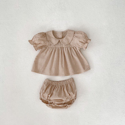 Conjunto de falda corta para niña de verano 2024, camiseta de manga corta con cuello de muñeca para niña + lindos pantalones de dos piezas 