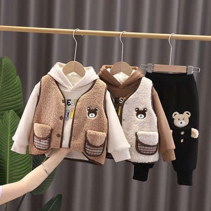 P Boys' Clothing Winter Fleece Thickened Three-piece Set Children's Sweater Sweatpants Cartoon Boys' Baby Winter Cotton Clothes