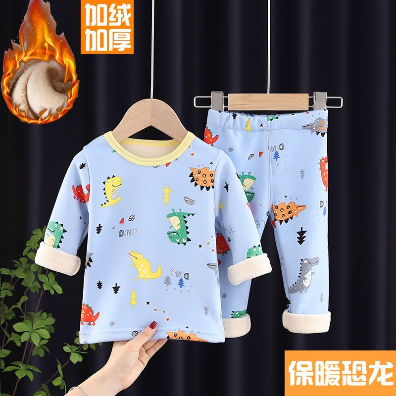 P children's thermal underwear set fleece thickened boys and girls long johns baby pajamas children's underwear winter