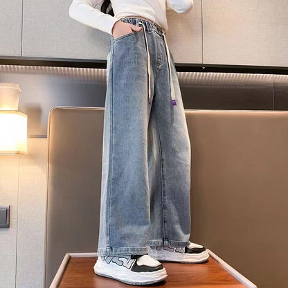 P girls pants spring and autumn Internet celebrity children medium and older children loose casual trousers girls jeans spring wide leg trousers