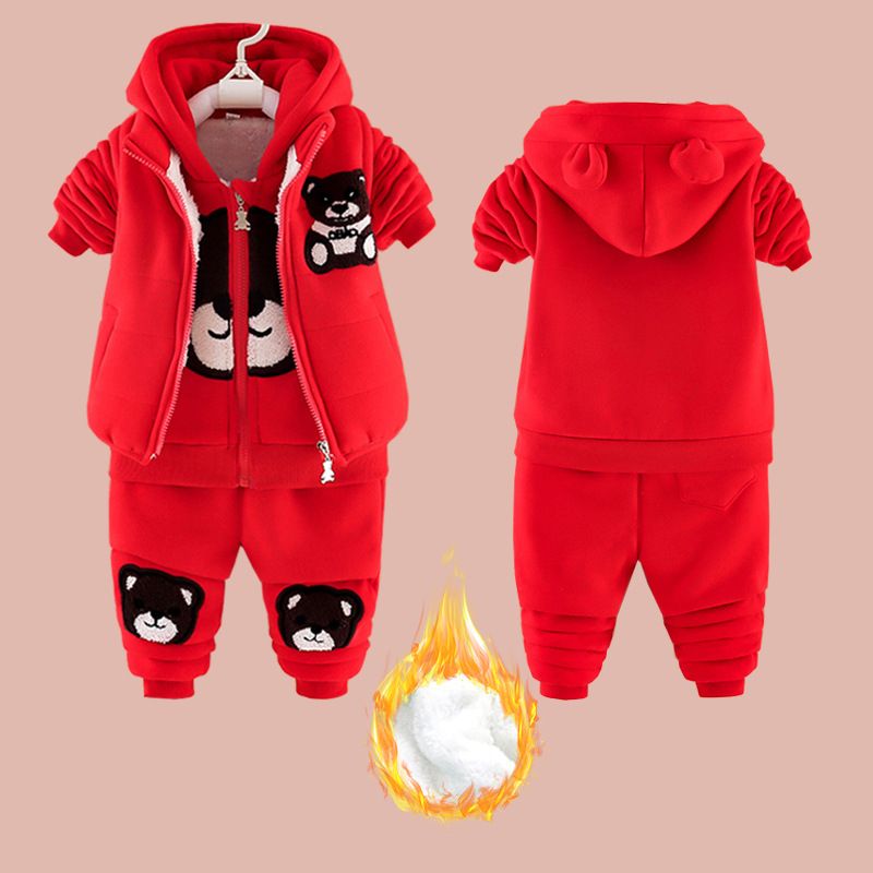 P baby girl 1 year old baby girl 3 children's clothing fleece thickened boys sweater three-piece set children's winter warm jacket set