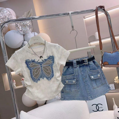 P Girls' Summer Suit 2024 Summer New Children's Foreign Style Short Sleeve T-Shirt Casual Internet Celebrity Denim Skirt Two-piece Set