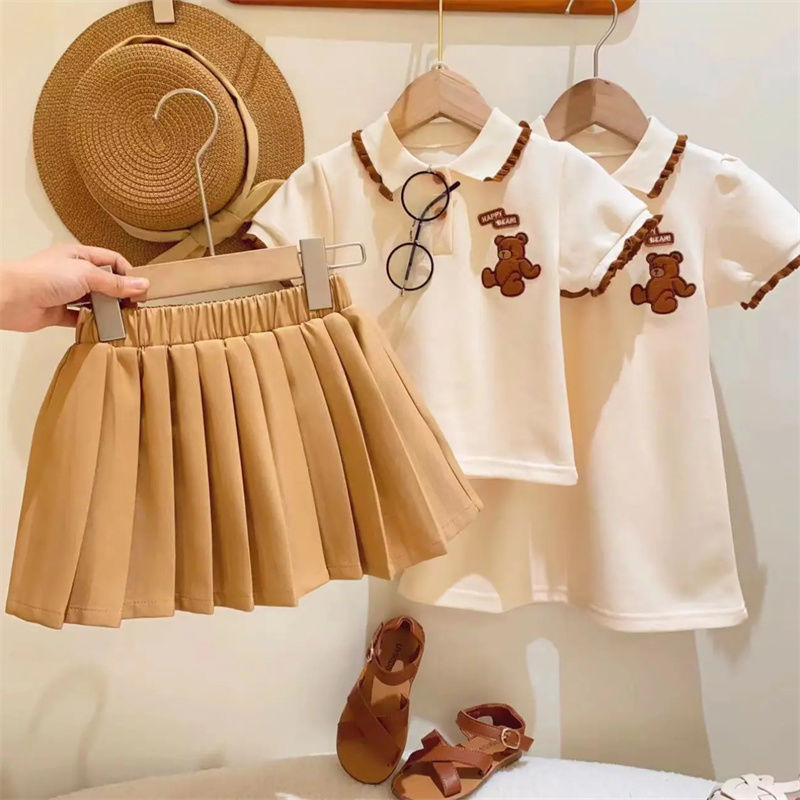 P girls POLO shirt dress new summer clothing, children's short sleeved T-shirt pleated skirt set, college style two-piece set 2