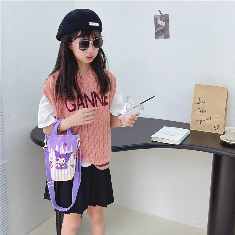 A Fashionable New Children's Bag Cute Girl Large Capacity Water Cup Canvas Bag High Beauty Baby One Shoulder Crossbody Bag