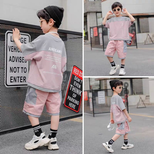 P Children&#039;s clothing boy summer suit 2024 new Korean version of children&#039;s large children&#039;s short-sleeved shorts two-piece western-style clothes