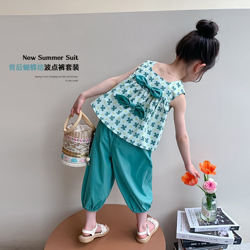 P ohm bear girl suit summer 2024 new fashionable western style online celebrity summer clothes baby children&#039;s short sleeves.