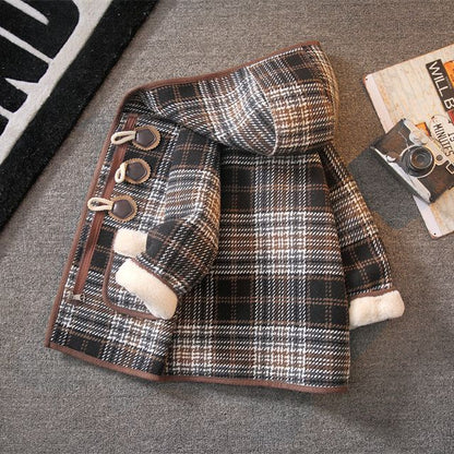 Boys' woolen coat autumn and winter plus velvet thickened one-piece velvet plaid coat