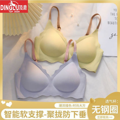 P top deer sports bra girl thin Bra bra seamless steel ring soft support small chest gathered bra bra.