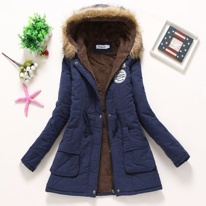 A autumn and winter new Korean version of medium and long women's cotton-padded clothes, plush collar, slim fit, thickened large size coat top