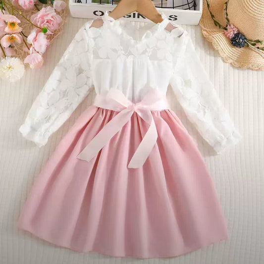 Girls dress princess wind Europe and the United States white lace stitching solid color hem princess skirt childhood dress dress.