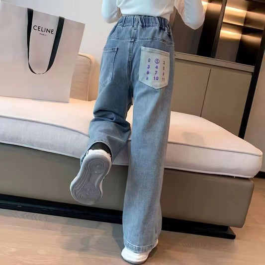 P girls pants spring and autumn Internet celebrity children medium and older children loose casual trousers girls jeans spring wide leg trousers