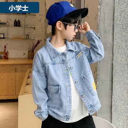 P Boys Denim Jacket Spring 2024 New Children's Denim Clothing Medium and Older Children's Casual Top Boys Spring and Autumn Children's Clothing