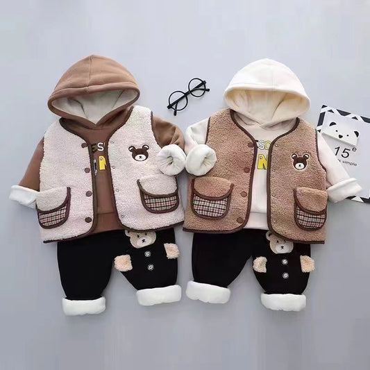 P Boys' Clothing Winter Fleece Thickened Three-piece Set Children's Sweater Sweatpants Cartoon Boys' Baby Winter Cotton Clothes