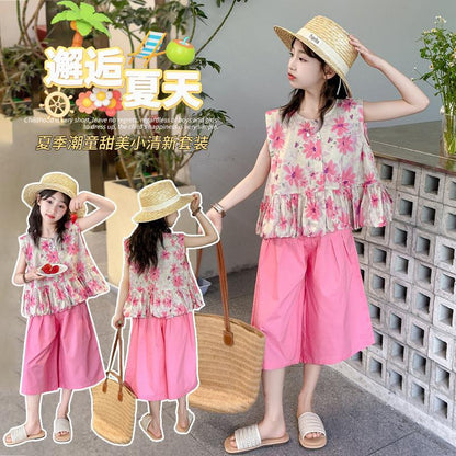 P girls&#039; summer suit 2024 new western-style fashionable sweet vest girls&#039; loose skirt two-piece suit