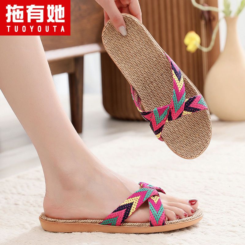 P Korean cute linen slippers summer ladies indoor non-slip sandals soft-soled household mute couple sandals and slippers women