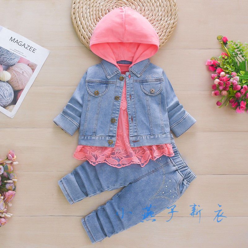 Baby girl spring cowboy three-piece suit 1-2-3-4 years old girl spring and autumn cowboy baby girl tide suit