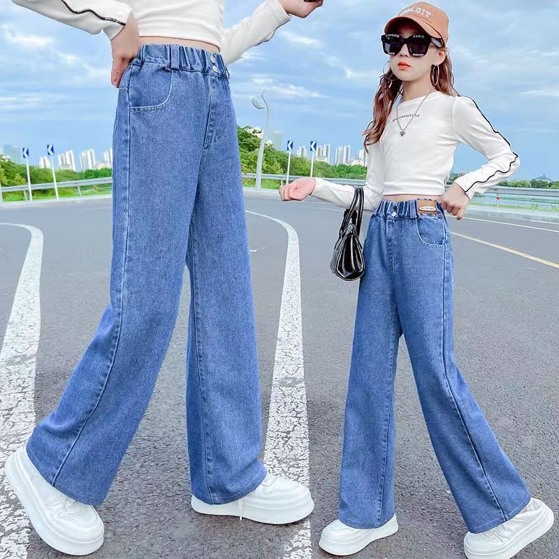 P girls spring and autumn jeans wide-leg pants 2024 new girls Korean version loose fashion foreign style middle-aged pants tide