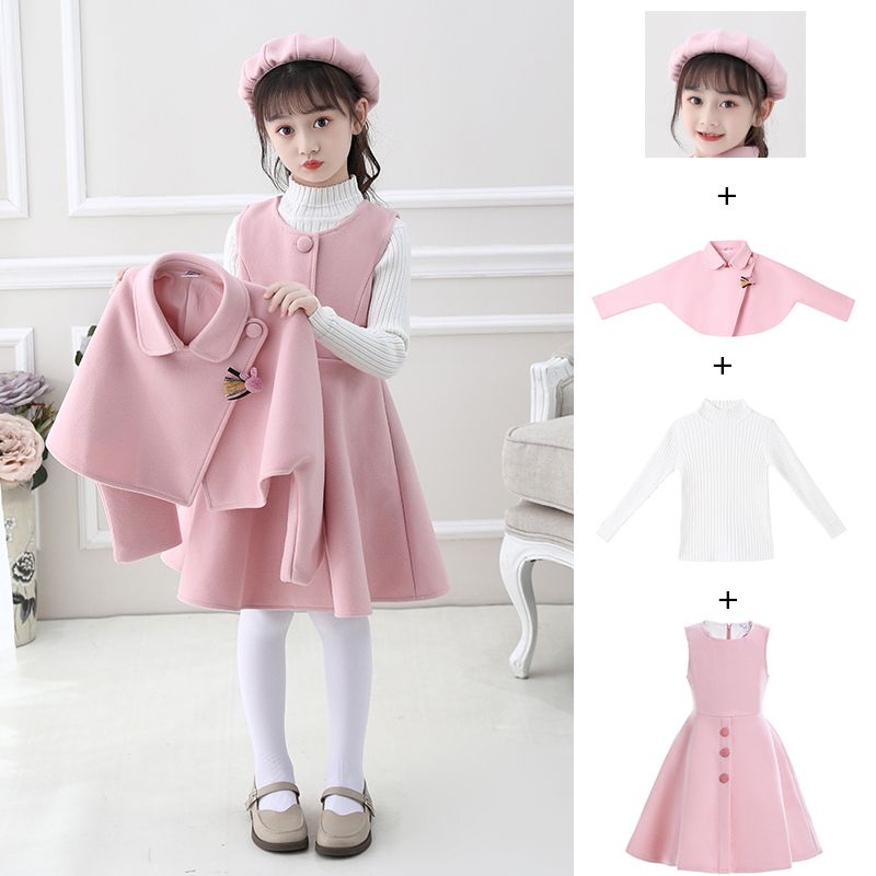 Girls' dresses, autumn and winter woolen shawls, two-piece skirts, medium and large children's princess dresses, winter fleece suits