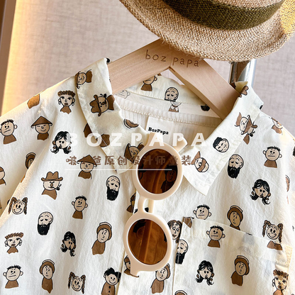 P Boys 2024 Summer New Cartoon Pattern Printed Shirt Set Children's Fashionable Clothes Short Sleeve Two Piece Set