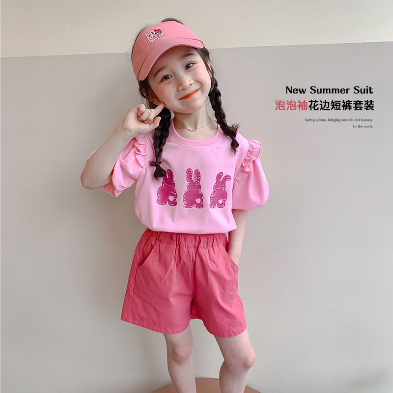 P Ohm Bear Girls' Set Summer 2024 New Female Baby Fashionable Two Piece Set for Children's Short sleeved Shorts