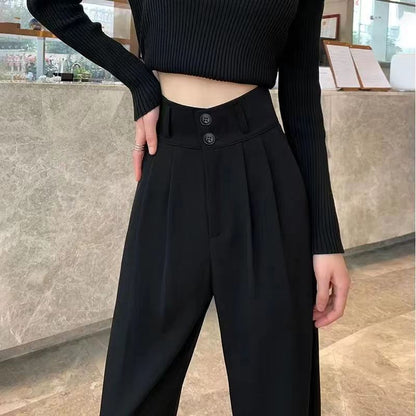 P Pure black wide-leg pants female 2024 new personality, high waist and drooping feeling, casual and loose mopping suit pants, straight pants female