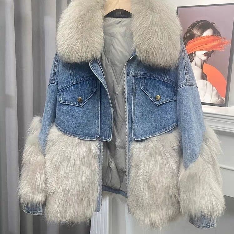 P young fur denim pie overcome female 2024 Internet celebrity stitching new Haining fashion imitation raccoon hair short