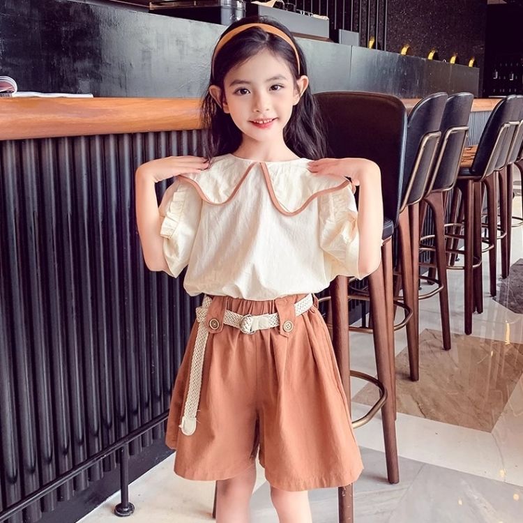 P girls&#039; summer suit thin 2024 new Zhongda children&#039;s short-sleeved shirt online celebrity fashionable shorts two-piece suit.