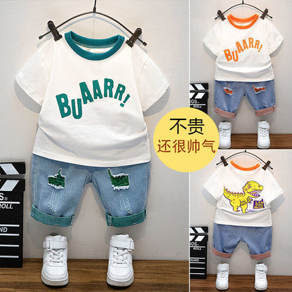 P Boys Summer Set 204 New Children's Fashionable and Handsome Small and Medium sized Boys Summer Short sleeved Top Trend