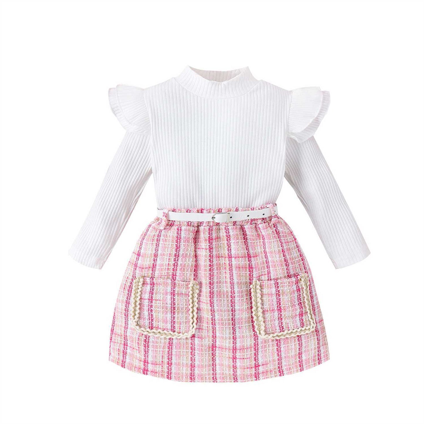 Small and medium-sized children's autumn set and winter trendy girl fashion small fragrant style high neck top plaid coarse woolen short skirt belt three piece set