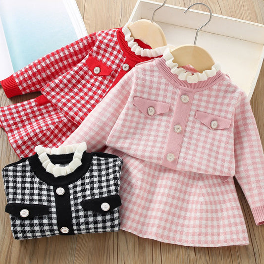 Girl's sweater set autumn and winter new Korean style western-style baby girl plaid small fragrant style knitted two-piece dress