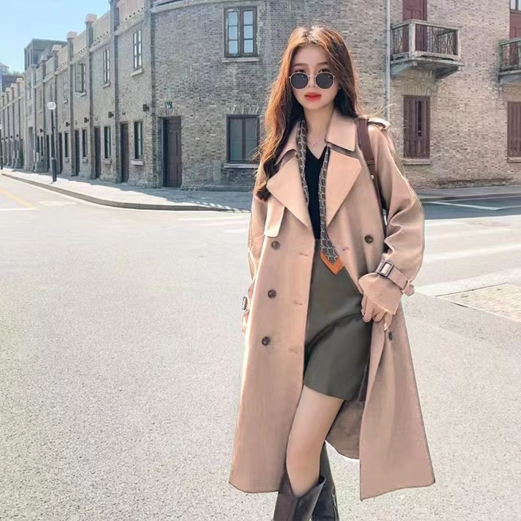 P French trench coat women's new spring and autumn waist drape foreign style medium and long popular high-end trench coat women