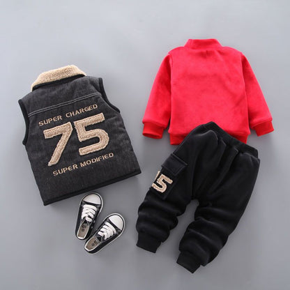 P Boys' thickened winter double-layer jacket three-piece set of thickened pants Children's clothing 0-4 years old fleece turtleneck underwear fleece