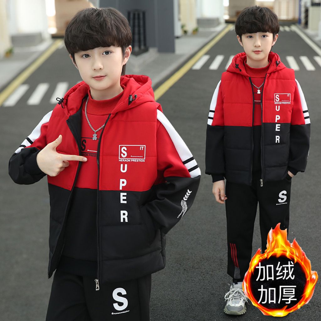 P boys autumn suit new foreign style medium and large children's boys winter thickened fleece sweater three-piece set tide