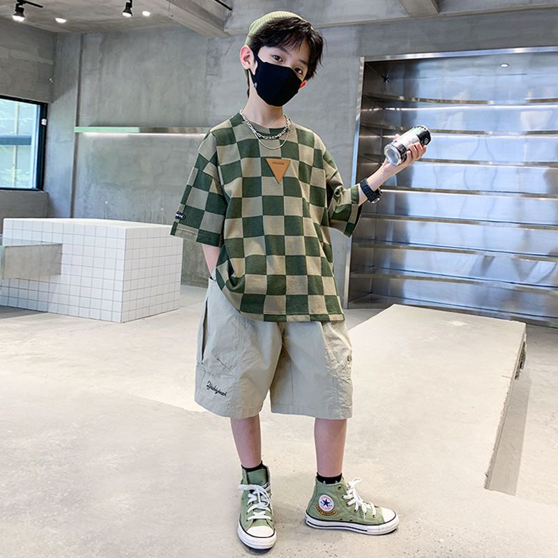 P Boys' Summer Suit Thin 2024 New Medium and Large Children's ClothesSummer Clothes Short Sleeve Clothes, Boys' Summer Trendy Brands, Fashionable