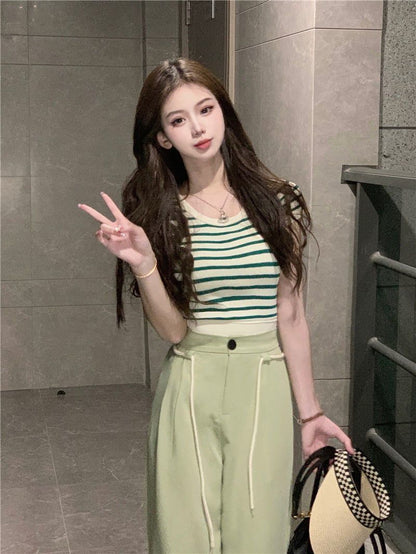 P ROSEL/Rou Sha Er Summer Wear Women's 2024 New Stripe Age Reducing Top Slimming Wide Leg Pants Two Piece Set