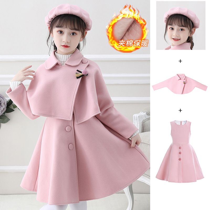 Girls' dresses, autumn and winter woolen shawls, two-piece skirts, medium and large children's princess dresses, winter fleece suits