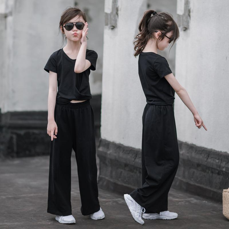 P Girls' summer suits, foreign fashion, Internet celebrity children's clothes, 2024 middle-aged and older children's girls, short-sleeved wide-leg pants two-piece set