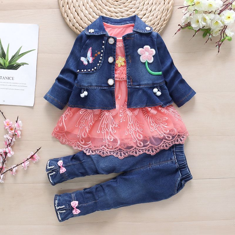 Traje de vaquero de tres piezas para niña de primavera y otoño de 1-2-3-4 años 