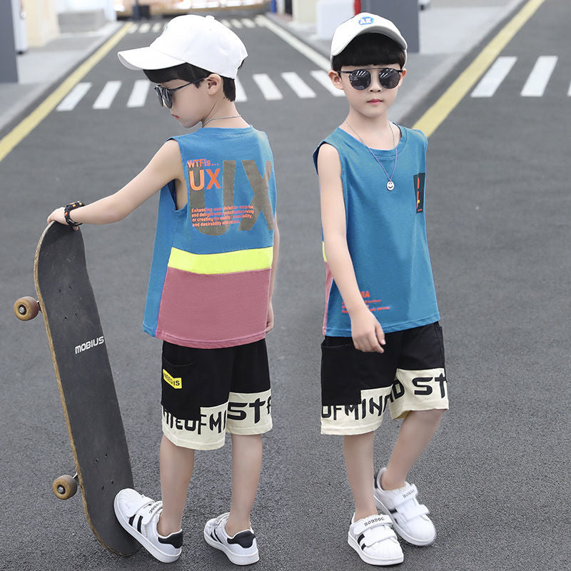 P Cotton Kids Boys Summer Vest Two-Piece Sleeveless Summer Dress Set 2024 New Handsome Foreign Fashion Korean Version