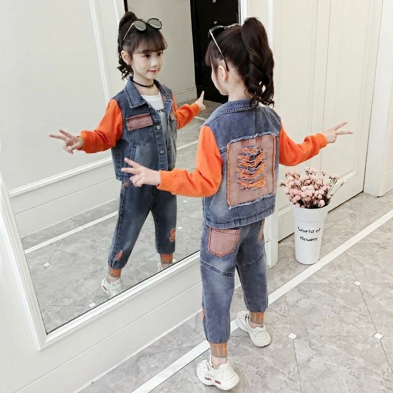 P Girls Denim Suit Spring and Autumn Girls 2024 Children's Foreign Style Soft Long Trendy Cool Korean Edition Medium and Older Children Two-piece Set