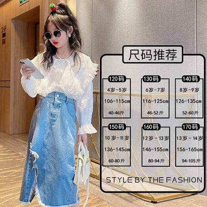 Girls Fashion Set 2024 New Western Style Big Boy Denim Skirt Set Trendy Internet Red Fashion Skirt Korean Edition