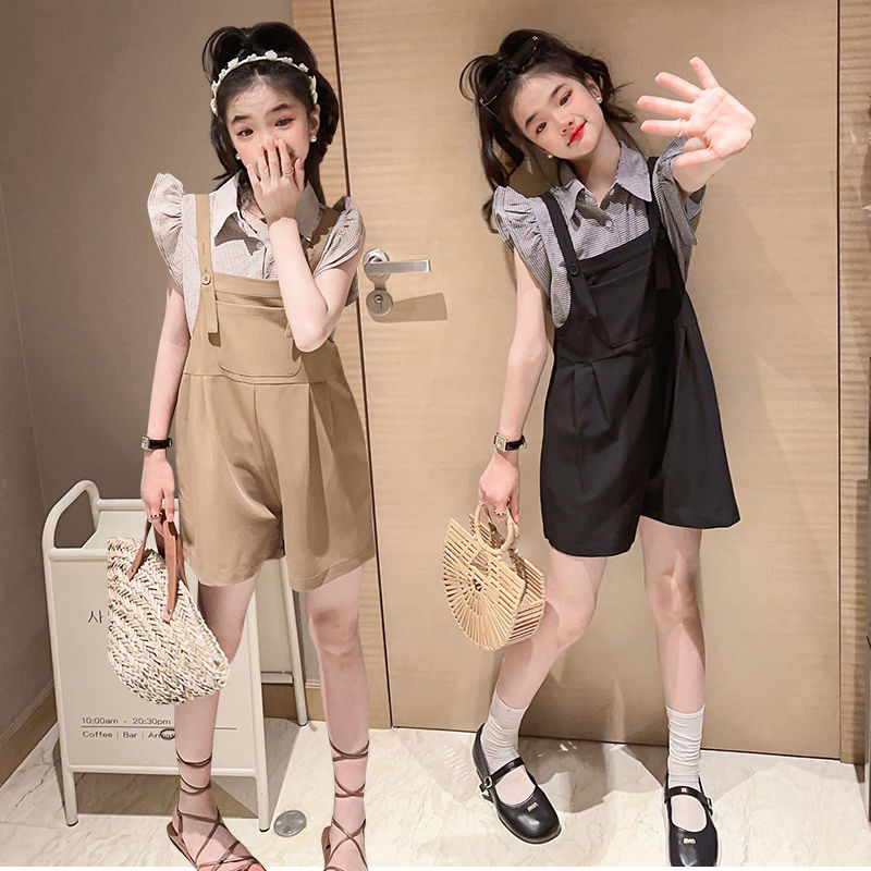 P Girls&#039; Suit 2024 New Summer Dress Western-style girls&#039; suspenders and girls&#039; children&#039;s summer clothes are fashionable.