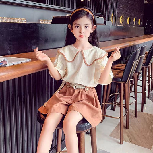 P girls&#039; summer suit thin 2024 new Zhongda children&#039;s short-sleeved shirt online celebrity fashionable shorts two-piece suit.