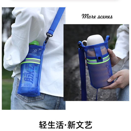 Una bolsa de taza de agua portátil de rejilla, botella de viaje para bebidas, termo, taza colgante, cubierta de tetera, cubierta universal para exteriores para adultos y niños. 