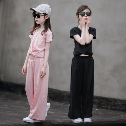 P Girls' summer suits, foreign fashion, Internet celebrity children's clothes, 2024 middle-aged and older children's girls, short-sleeved wide-leg pants two-piece set