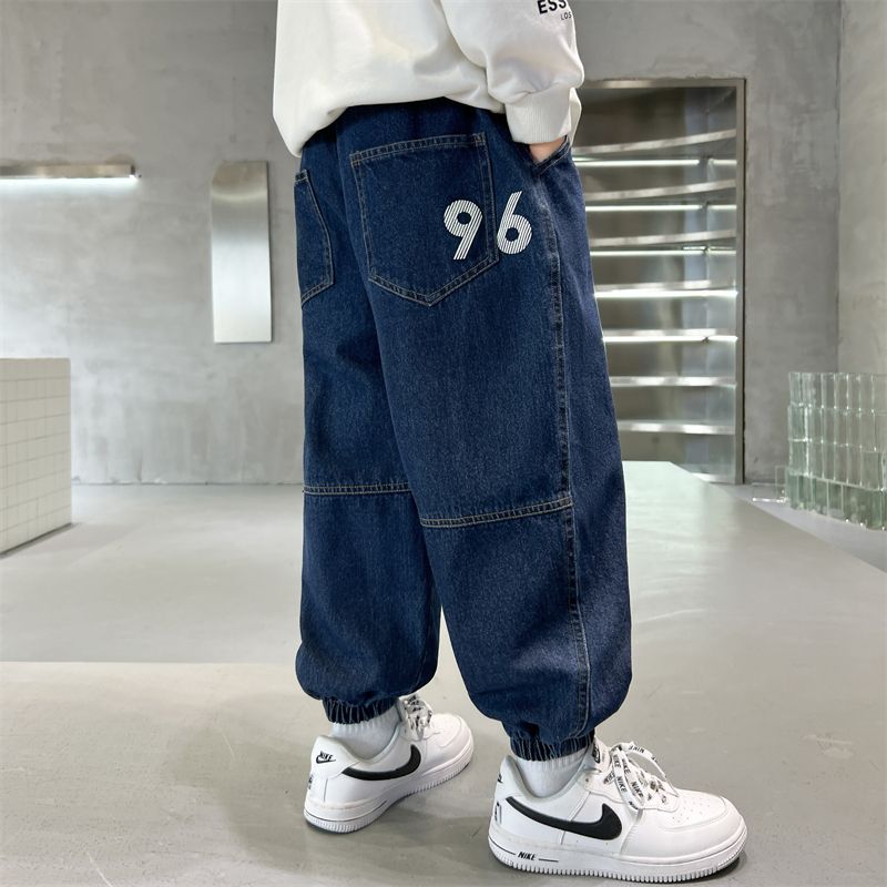 P boys jeans spring and autumn 2024 new autumn casual pants medium and large children's boys autumn pants cool and trendy