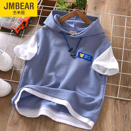 P Jamie bear children&#039;s waffle suit summer new boy hooded casual short sleeve big boy short T shorts.