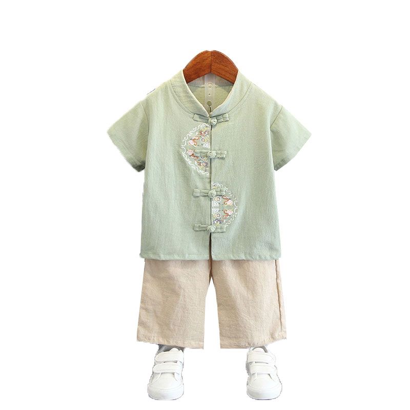 P Children's summer style Hanfu 2 boys Chinese style cotton and linen short sleeve Tang costume set 7 baby thin Chinese costumes