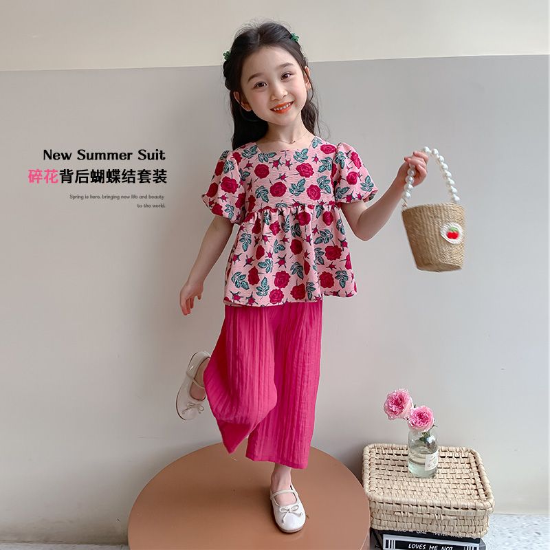 P Ohm Bear Girls' New Chinese Style Summer Set 2024 New Western Style Baby Girl Fashionable Summer Breathable Two Piece Set